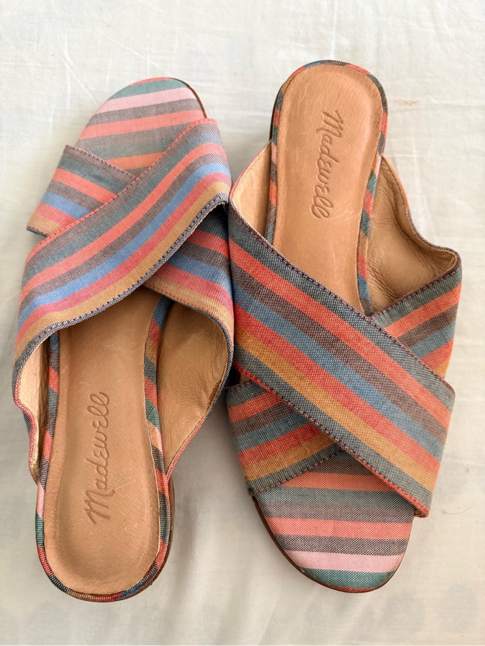 Madewell Striped Crisscross Slide Sandals in Pink, Blue & Tan